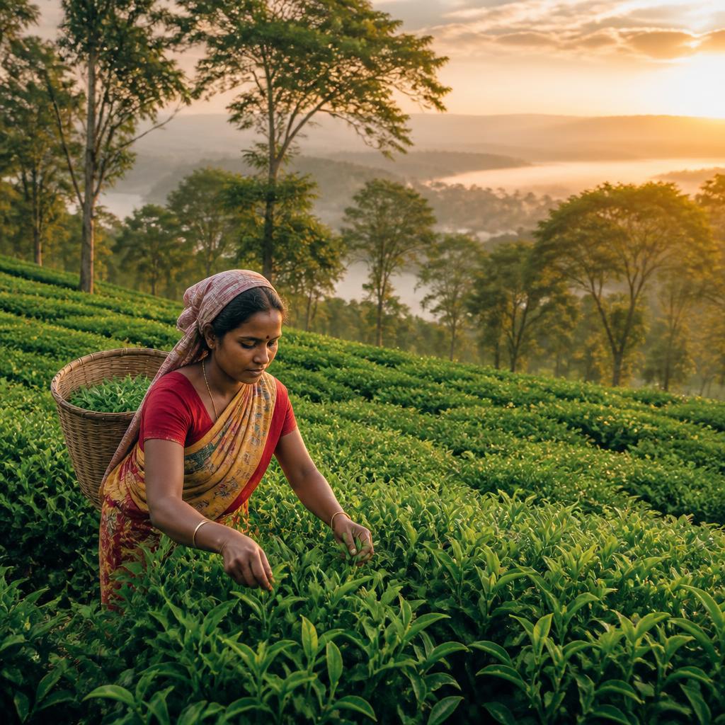 A tea plucker in a saree harvesting fresh leaves on an Assam tea plantation at sunrise